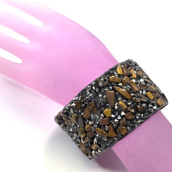 Stone Chips Grey Black Crystals Rhinestones Sparkle Velvet Cuff Bracelet - Picture 1 of 13